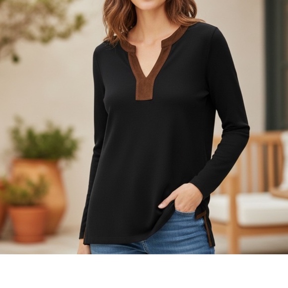 Ralph Lauren Black Long Sleeve Top w/ Brown Trim- XL- Cotton - Picture 11 of 11